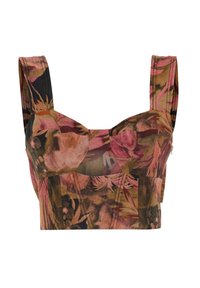 Blomstret crop top med tykke stropper, der har en blanding af pink, brun og grønne nuancer, samt et paneleret design med en subtil glans.