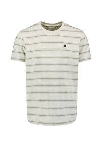 Lichtbeige t-shirt met groene horizontale strepen, ronde hals, korte mouwen en een klein hexagonaal logo op de linkerborst.