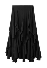 Falda midi negra con volantes asimétricos en capas y cintura alta.