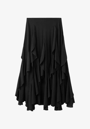 Falda midi negra con volantes asimétricos en capas y cintura alta.