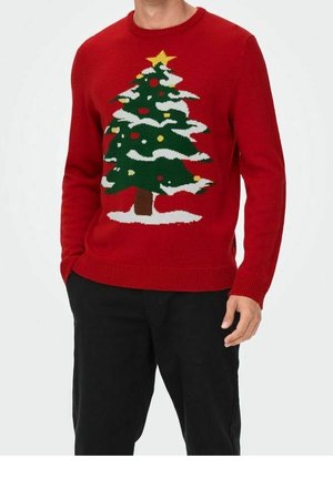 Suéter rojo con diseño de árbol de Navidad verde, adornos coloridos y una estrella amarilla, con cuello y puños acanalados.