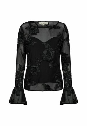 Zwarte doorzichtige blouse met geborduurde bloemenpatronen. Heeft lange mouwen met uitlopende manchetten en een sweetheart halslijn. Gladde textuur.