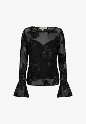 Zwarte doorzichtige blouse met geborduurde bloemenpatronen. Heeft lange mouwen met uitlopende manchetten en een sweetheart halslijn. Gladde textuur.