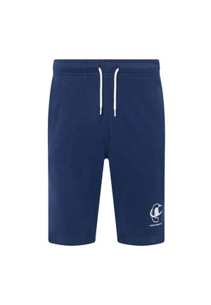 Pantaloncini casual blu navy con coulisse bianca, vita elasticizzata e piccolo logo bianco "Authentic Athleticwear" sulla gamba sinistra.