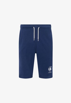 Pantaloncini casual blu navy con coulisse bianca, vita elasticizzata e piccolo logo bianco "Authentic Athleticwear" sulla gamba sinistra.