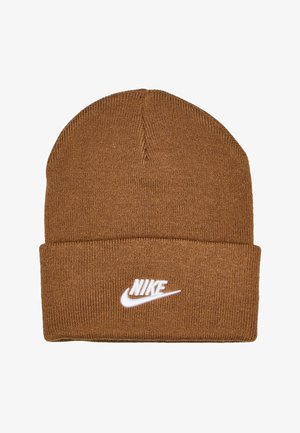 Bonnet en tricot marron avec revers plié. Présente un logo Nike blanc brodé à l'avant. Texture douce et design sans coutures.