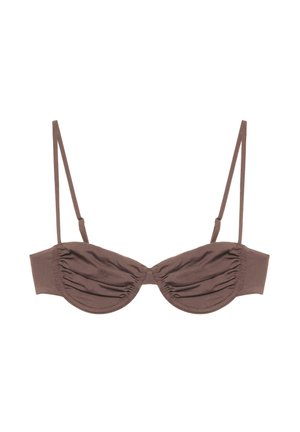 Brun undertrøje med bøjle, justerbare tynde stropper og rynkede stofdetaljer på skålene, fotograferet på hvid baggrund.