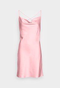 Vestido de slip em seda rosa com tiras finas em espaguete cruzadas e decote arredondado. Textura suave, até os joelhos com uma ligeira silhueta em A.