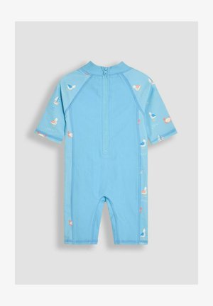 Kék, rövid ujjú fürdőruha hátul cipzárral, madarak és rákok mintázatával az ujjakon, rugalmas, könnyű anyagból készült.