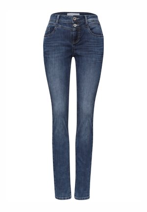 Dark blue slim-fit denim jeans with front and back pockets, double button closure, and a slight faded effect on thighs.