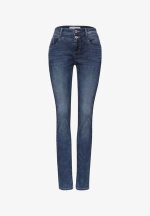 Dark blue slim-fit denim jeans with front and back pockets, double button closure, and a slight faded effect on thighs.