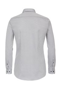 Lange mouwen, knoopsluiting shirt in lichtgrijs met een fijn patroon. Heeft een kraag en knoopsluiting bij de manchetten. Soepele stoftextuur.