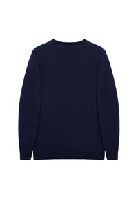 Mörkblå långärmad crewneck-tröja med ribbade muddar, fåll och halsringning, visad bakifrån mot en vit bakgrund.