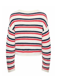 Pull en tricot blanc à manches longues avec des rayures horizontales rouges et bleu marine, vu de dos.