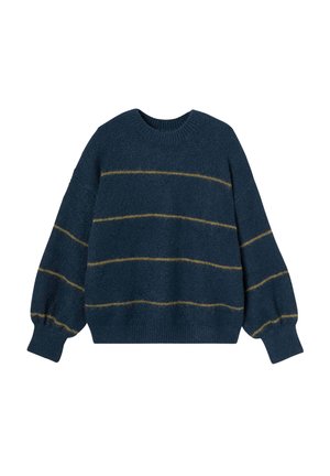 Pull en maille bleu foncé avec des rayures horizontales jaunes. Présente un col rond et des manches bouffantes volumineuses. Texture douce.