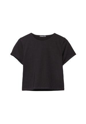 Sort kortærmet crop top lavet af blødt stof, med rund halsudskæring og en afslappet pasform med en ren nederste kant.