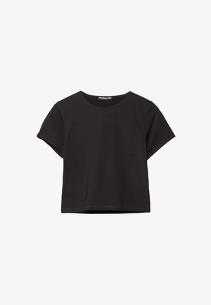 Schwarzes kurzärmliges Crop-Top aus weichem Stoff, mit rundem Halsausschnitt und einem lässigen Schnitt mit einem sauberen Saum.