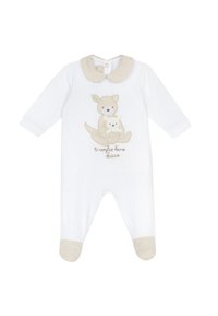 Il body bianco in cotone per bambini presenta un colletto beige, fondo con i piedini e un canguro ricamato con due piccoli. Testo: "ti voglio bene," che significa "ti amo."