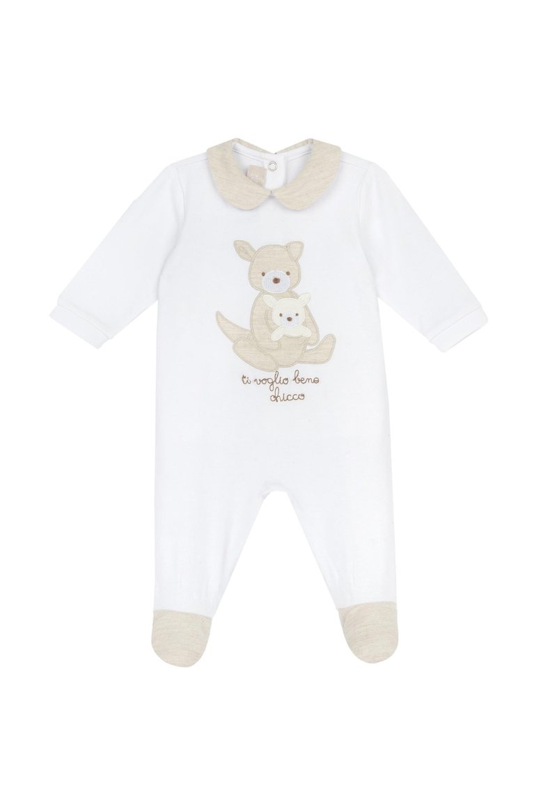 Il body bianco in cotone per bambini presenta un colletto beige, fondo con i piedini e un canguro ricamato con due piccoli. Testo: "ti voglio bene," che significa "ti amo."