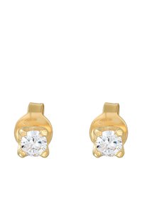 Goldene Ohrringe mit einem runden, klaren Kristall, der in einem Vierzapfen-Design eingesetzt ist, mit einer glatten, polierten Oberfläche und gewölbtem Rücken.