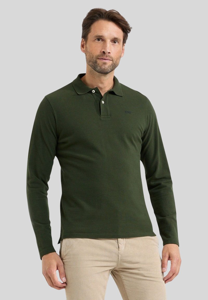 Polo shirt met lange mouwen in donkergroene katoen, voorzien van een geribbelde kraag, een drie-knopen sluiting en lichte zijsplitten aan de onderkant.