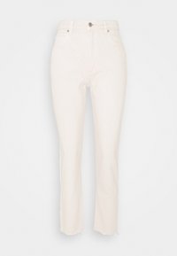 High-waist, off-white straight-leg jeans with button and zipper closure, front pockets, and raw hem detailing.