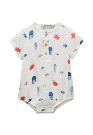 Grenouillère blanche à manches courtes pour bébé avec des méduses bleues, des crabes rouges, des hippocampes et divers motifs de poissons, avec trois boutons en bois sur le devant.