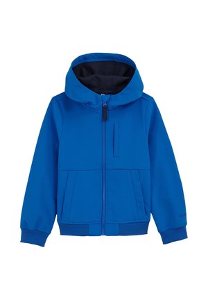 Niebieska kurtka z zamkiem błyskawicznym i kapturem, o gładkiej fakturze, z elastycznymi mankietami i pasem, wyposażona w kieszeń na piersi oraz dwie kieszenie z przodu.