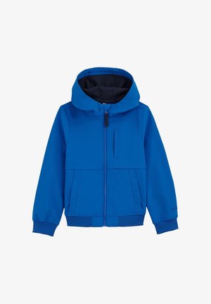Niebieska kurtka z zamkiem błyskawicznym i kapturem, o gładkiej fakturze, z elastycznymi mankietami i pasem, wyposażona w kieszeń na piersi oraz dwie kieszenie z przodu.