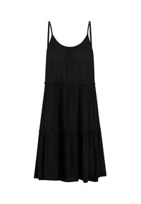 Robe midi noire sans manches à volants avec bretelles spaghetti réglables et détails de tissu froncé au niveau du corsage et de la jupe.