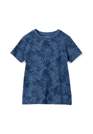 Blue short-sleeve t-shirt with dark blue tropical leaf pattern, round neckline, and regular fit.