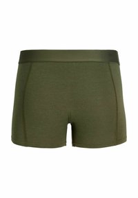 Caleçons boxers pour hommes vert olive avec ceinture élastique et coutures plates sur les côtés et les ourlets inférieurs.