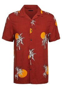 Košile s krátkým rukávem na knoflíky, červená s bílými vzory palem a oranžovými detaily slunce. Lehká látka s volným střihem.