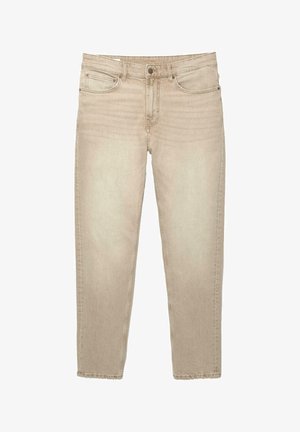 Bež kavbojke s ravnim krojem, petimi žepi, zapiranjem na gumb in zadrgo ter raztrgano obleko na dnu.