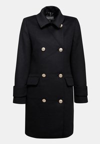 Black wool blend coat with a double-breasted design, large collar, gold buttons, and two front pockets. Cuffed sleeves with a relaxed fit.