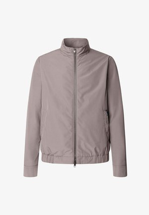 Giacca leggera color taupe con colletto rialzato, zip frontale, tasche laterali e orlo e polsini elasticizzati; texture liscia e design minimalista.