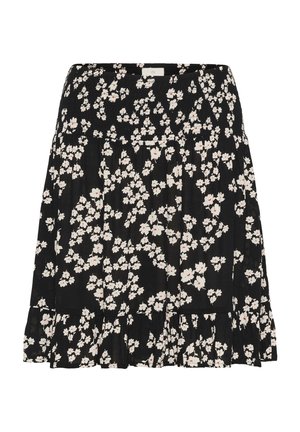 Jupe noire à motifs floraux avec taille smockée, ourlet volanté, et un motif floral blanc avec des accents rouges. 