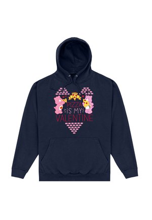 Granatowy hoodie z kieszenią z przodu, przedstawiający różowe kreskówkowe niedźwiedzie trzymające pizzę oraz napis "PIZZA JEST MOIM WALENTYNKĄ" w wyraźnej czerwonej i różowej czcionce.