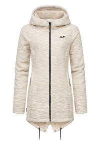 Veste à capuche de couleur crème avec un design tricoté texturé, fermeture éclair noire, poches latérales et ourlet à cordon de serrage pour un ajustement.
