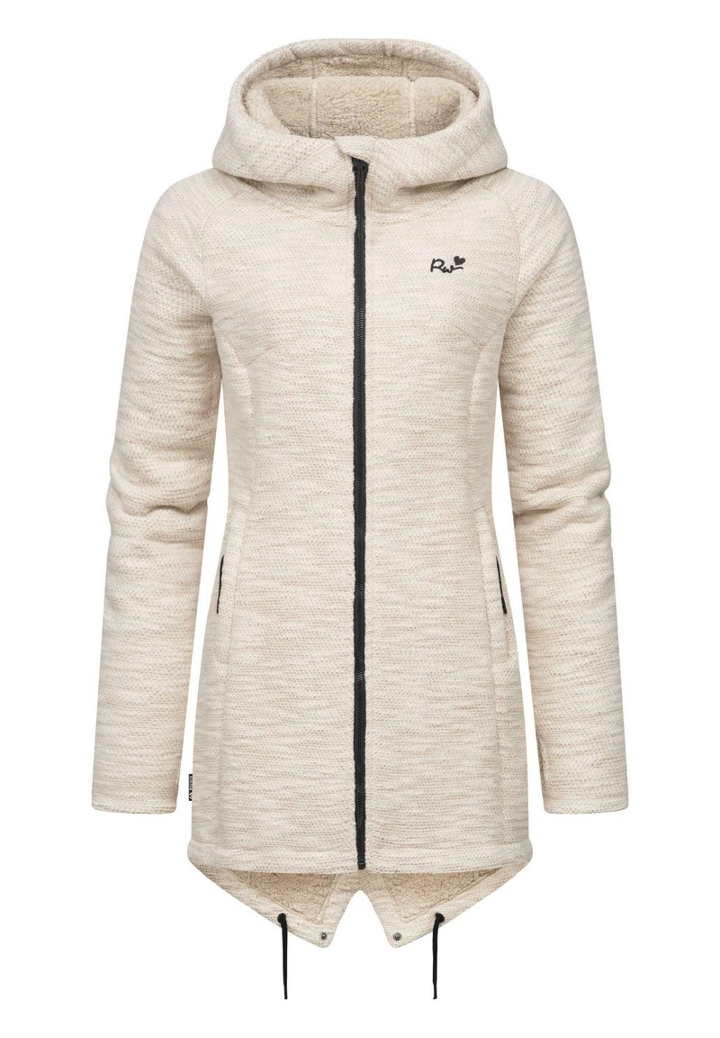 Veste à capuche de couleur crème avec un design tricoté texturé, fermeture éclair noire, poches latérales et ourlet à cordon de serrage pour un ajustement.