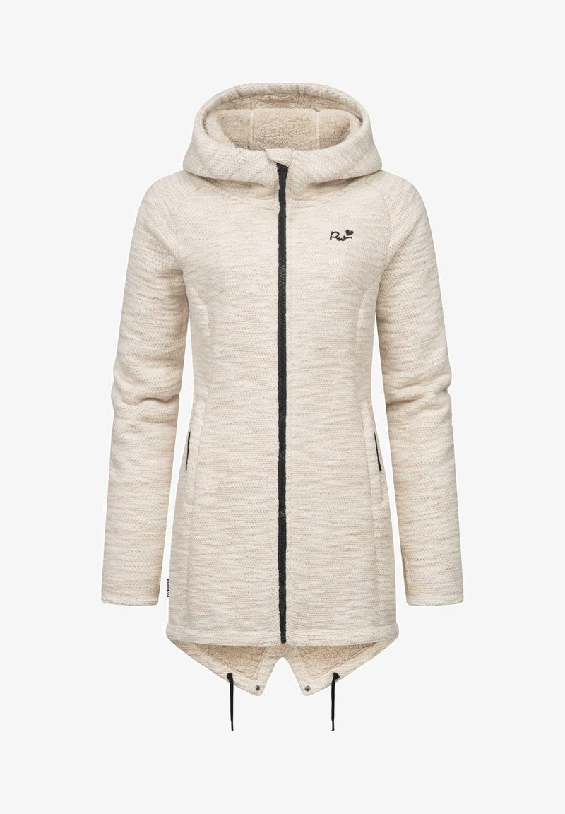 Veste à capuche de couleur crème avec un design tricoté texturé, fermeture éclair noire, poches latérales et ourlet à cordon de serrage pour un ajustement.