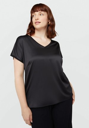 Black, short-sleeve V-neck top made of smooth, shiny fabric with a relaxed fit, draping softly over the body with no visible patterns or hardware.