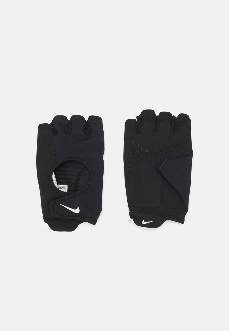 Black fingerless gloves made of stretchy material, featuring an open palm design, grip accents, and the Nike logo in white.