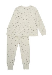 Crème pyjama set met lange mouwen en elastische manchetten; voorzien van verspreide bladerenpatronen in bruin en blauw. Gemaakt van zachte stof.