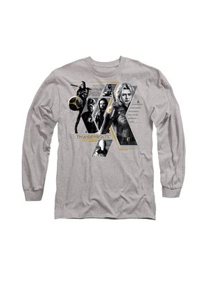 Light gray long-sleeve shirt with Thunderbolts movie characters and large X graphic on the front.