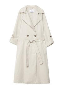 Trench-coat beige avec un devant à double boutonnage, de larges revers, une ceinture nouée et des manches retroussées avec des boutons. Texture lisse, coupe mi-longue.
