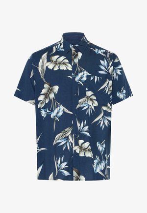 Donkerblauw overhemmetje met korte mouwen, lichtbeige en lichtblauw tropisch bladprint met een voorzak op de borst.