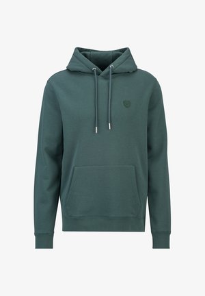 Sweat à capuche vert foncé avec poche kangourou à l'avant, capuche à cordon de serrage, poignets côtelés et un petit emblème sur la poitrine.