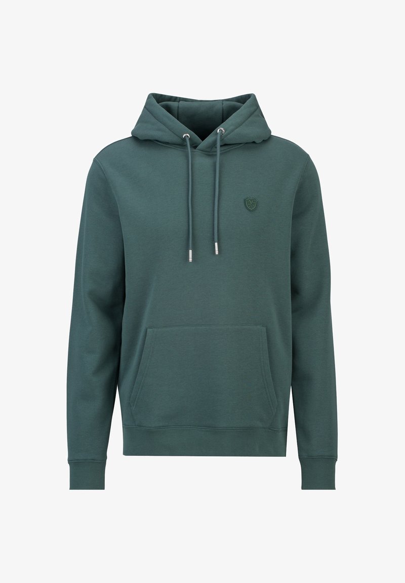 Dunkelgrüner Kapuzenpullover mit Kängurutasche vorne, Kordelzugkapuze, gerippten Bündchen und einem kleinen Emblem auf der Brust.
