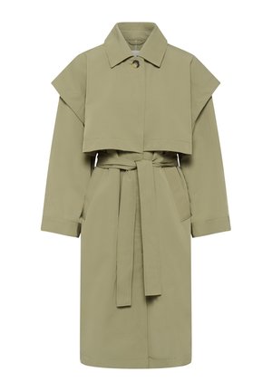 Manteau trench olive vert, arrivant au genou, fabriqué en tissu lisse. Présente un style à double boutonnage, un large col, une taille ceinturée et des poches latérales.